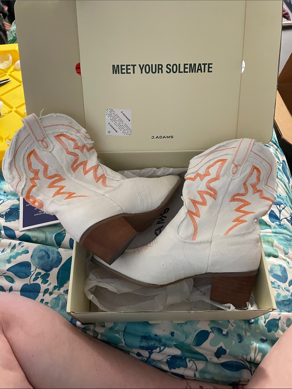 J. Adams White Canvas Ankle Booties with Orange Stitch Detail